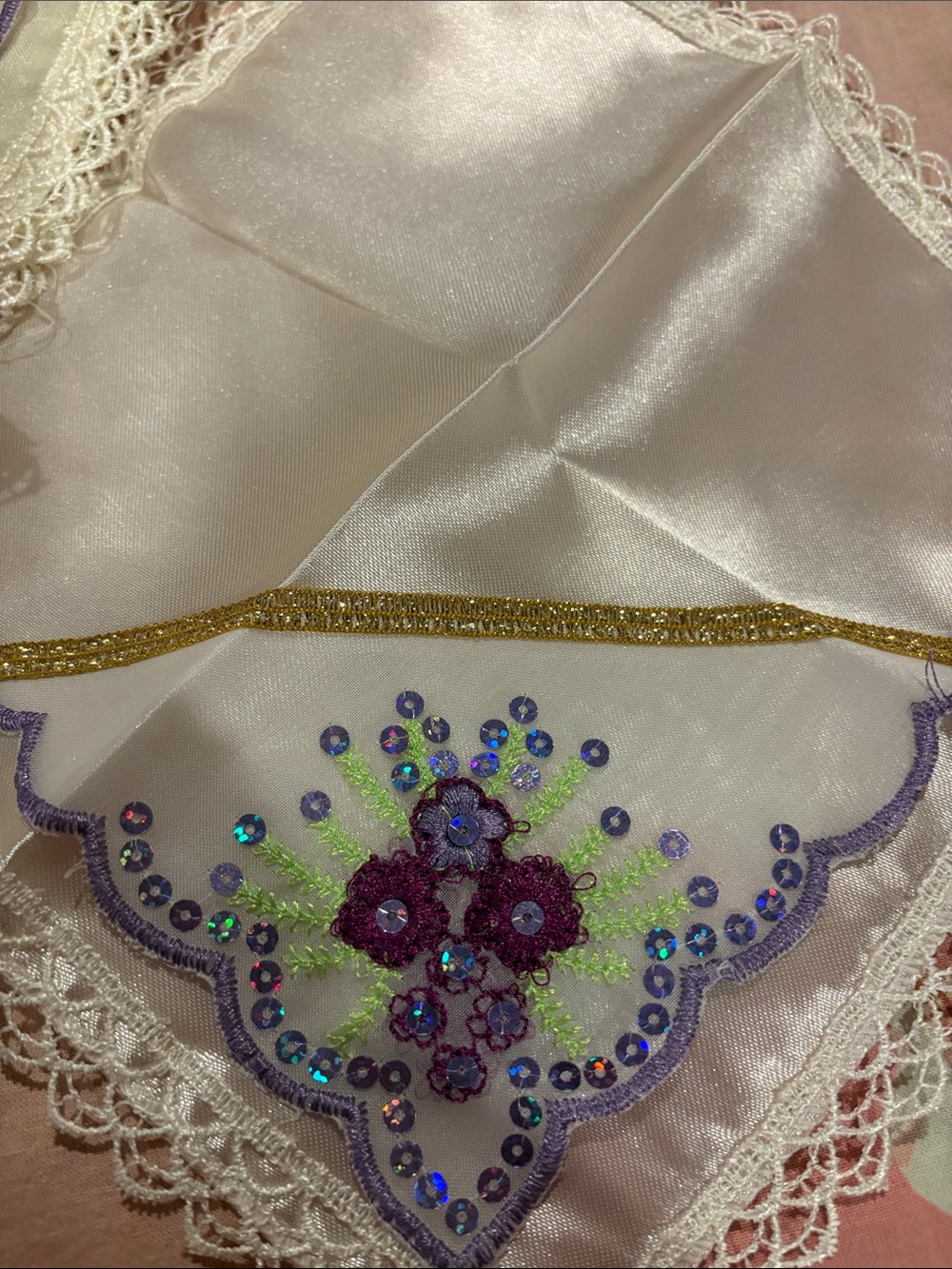 Satin Floral Sequin Chemise with Lace Trim - Cream & Purple